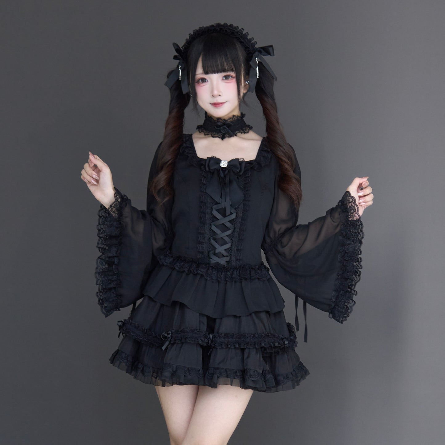 透け感ゴス姫袖ブラウスフレアスカートセット