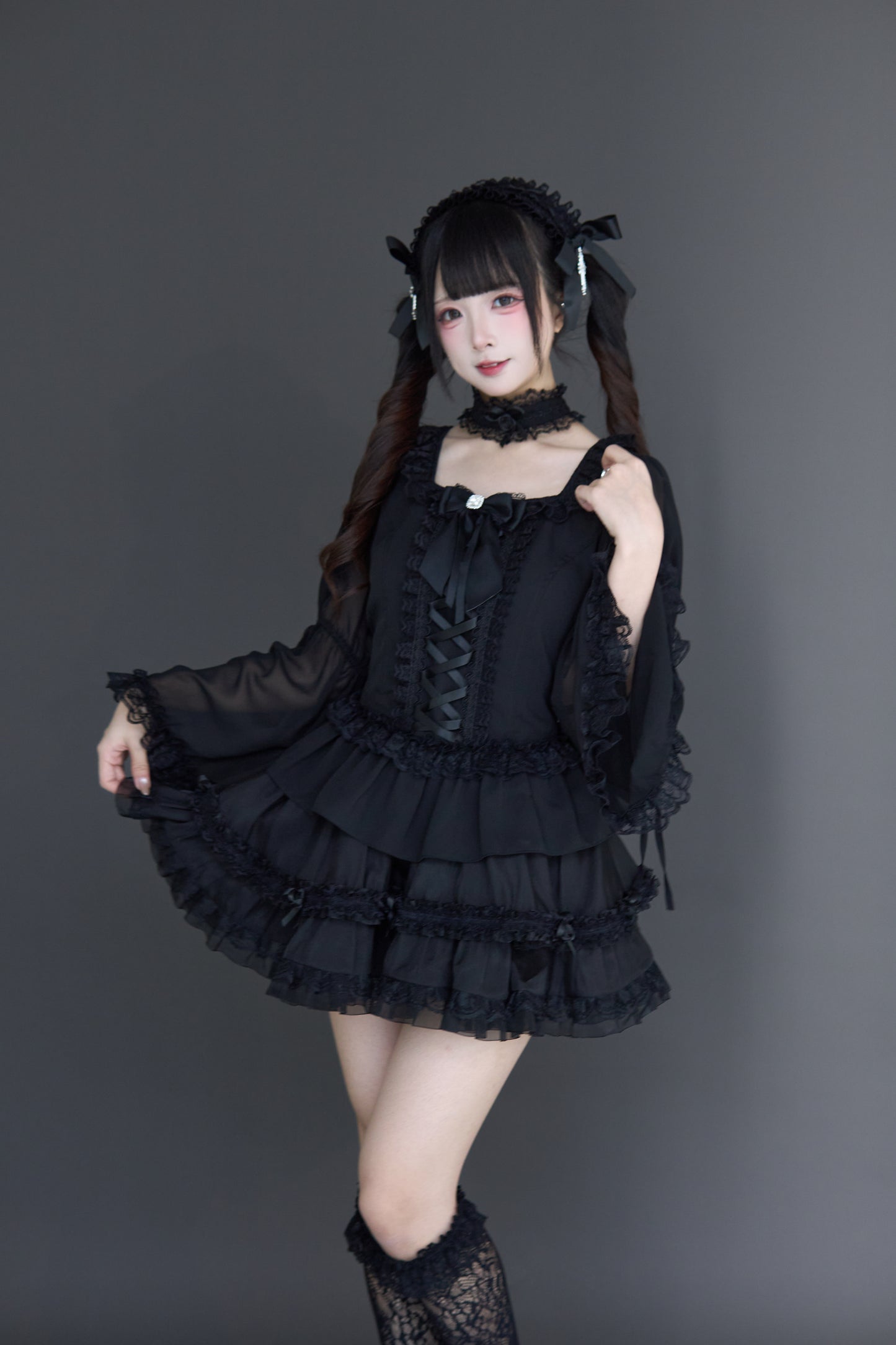 透け感ゴス姫袖ブラウスフレアスカートセット