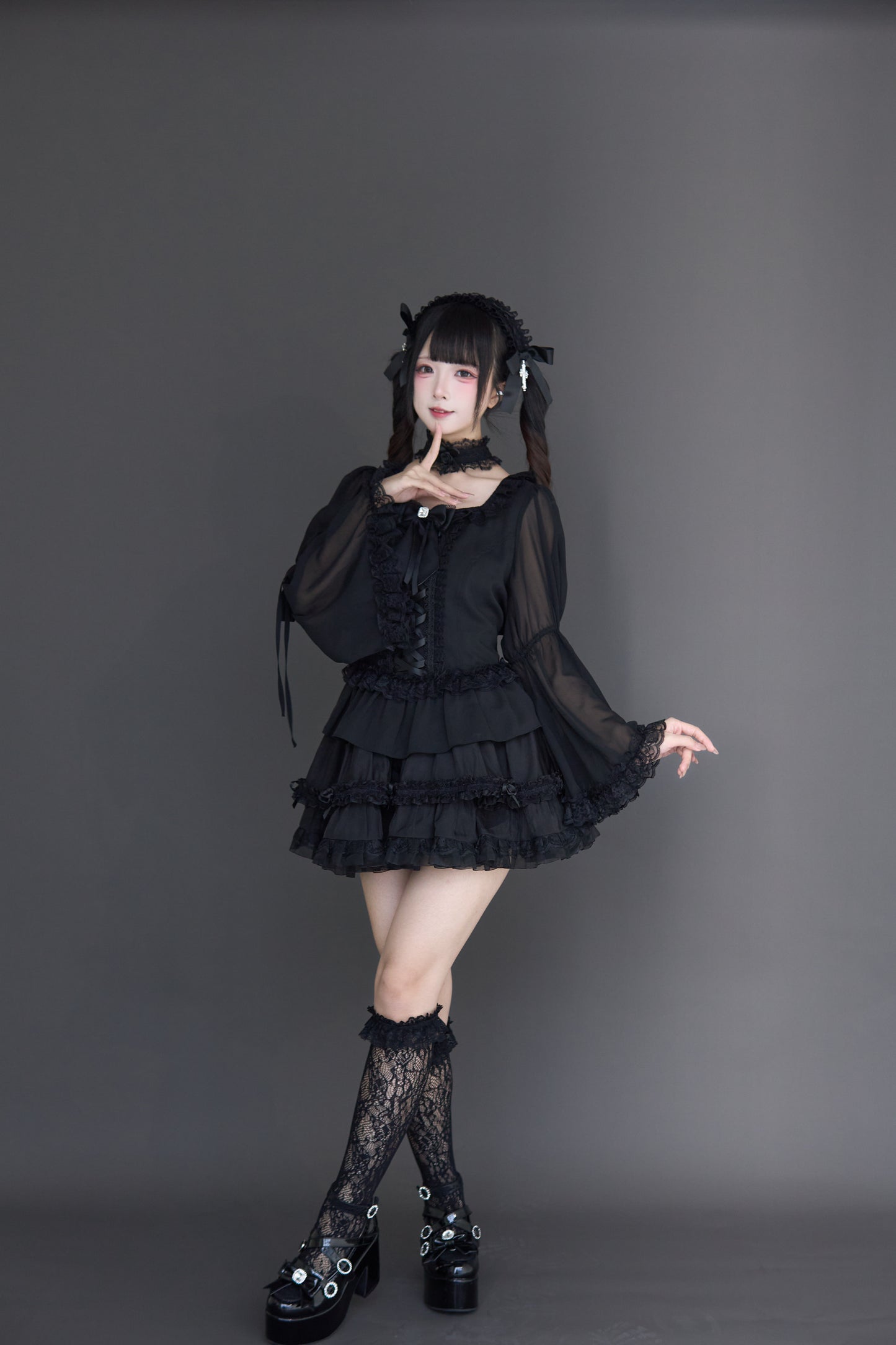 透け感ゴス姫袖ブラウスフレアスカートセット
