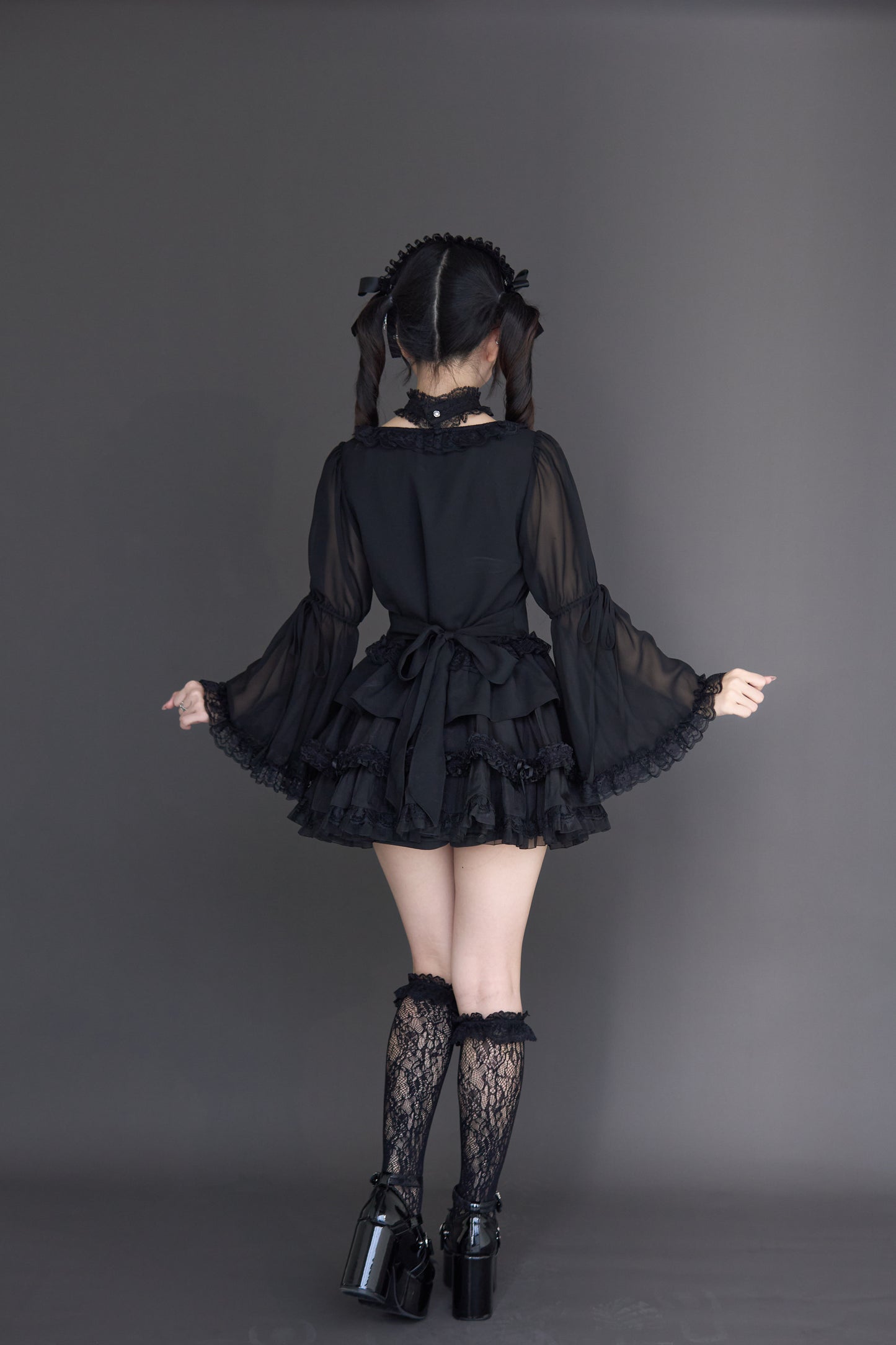 透け感ゴス姫袖ブラウスフレアスカートセット