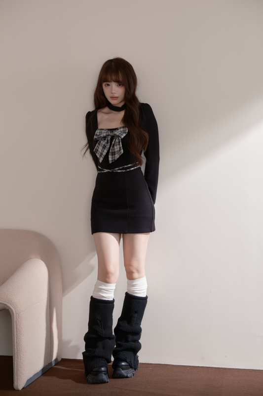 Check Ribbon Knit Dress