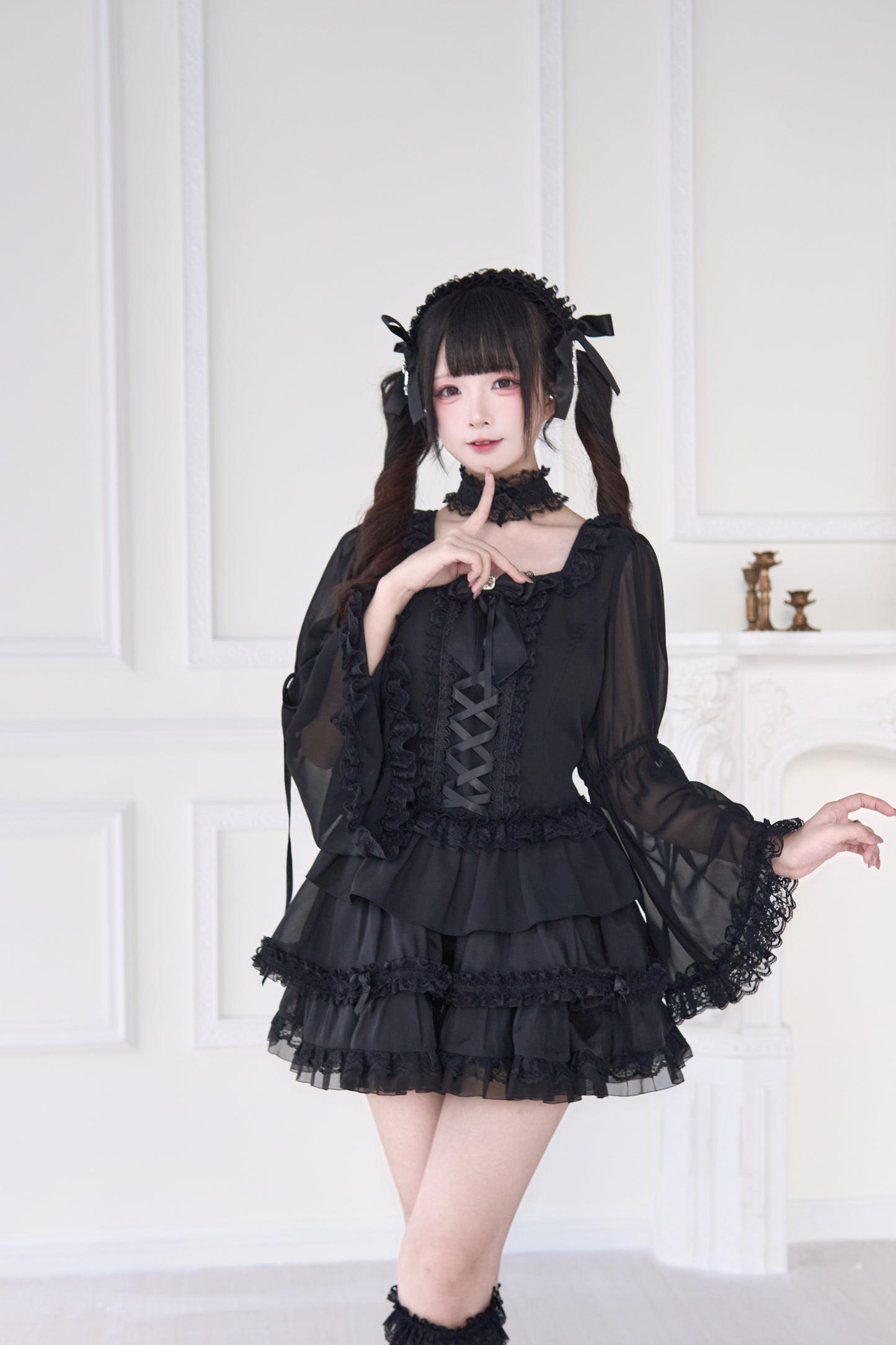 透け感ゴス姫袖ブラウスフレアスカートセット