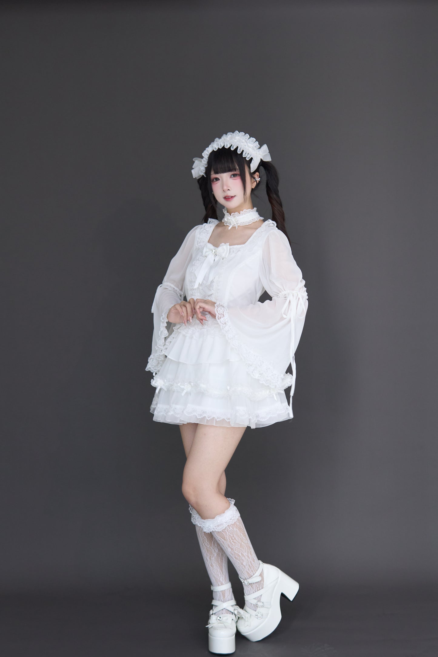 透け感ゴス姫袖ブラウスフレアスカートセット