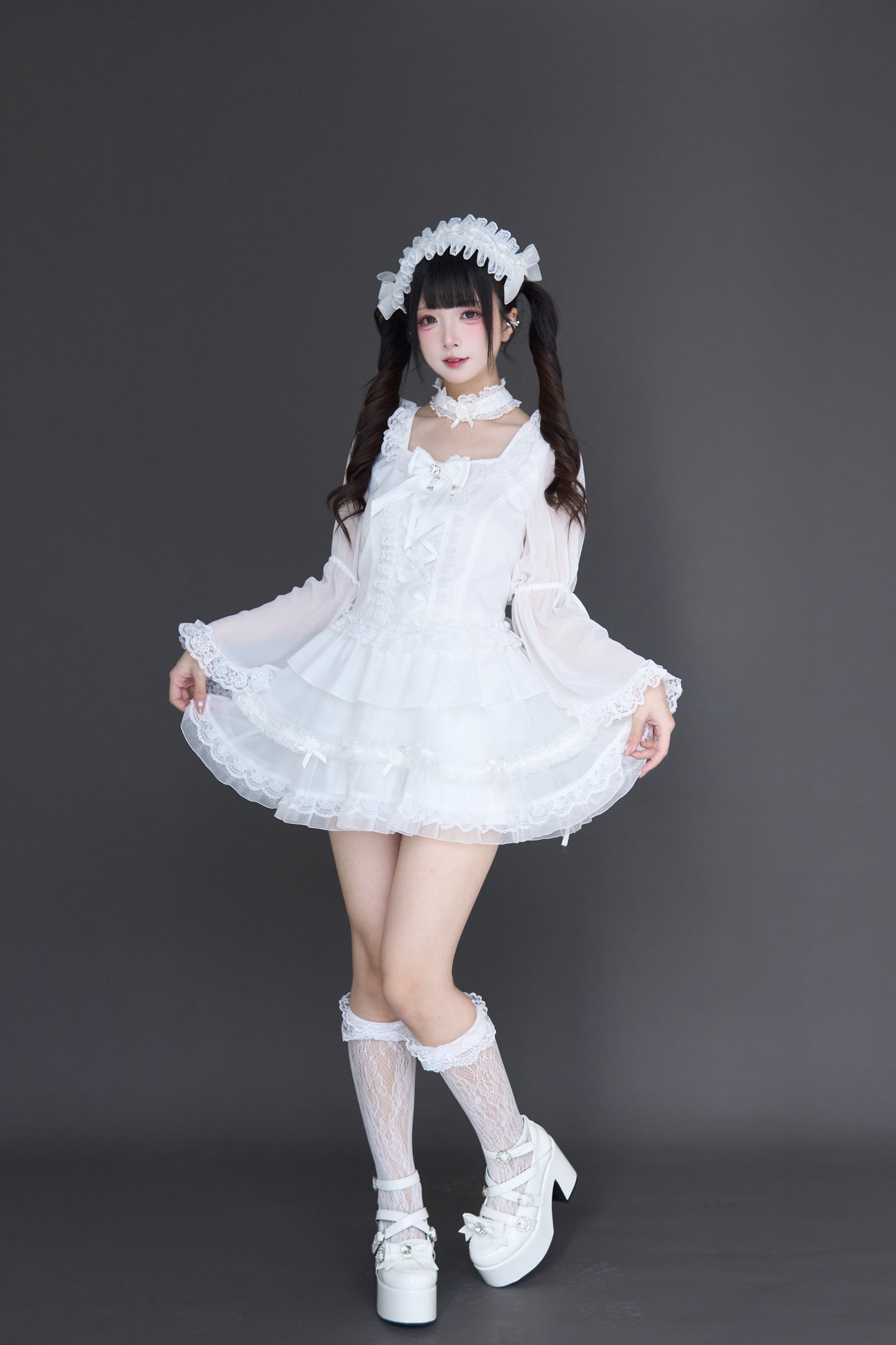 透け感ゴス姫袖ブラウスフレアスカートセット