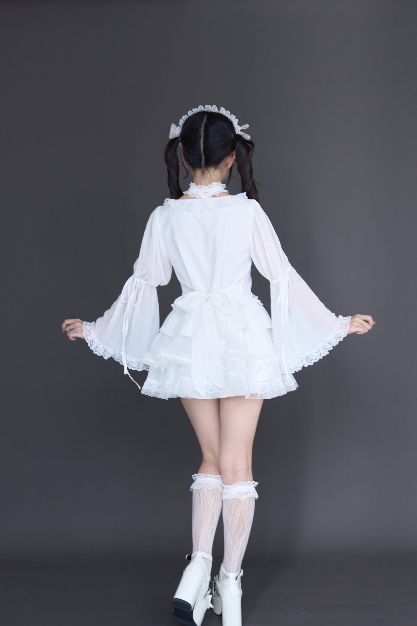 透け感ゴス姫袖ブラウスフレアスカートセット