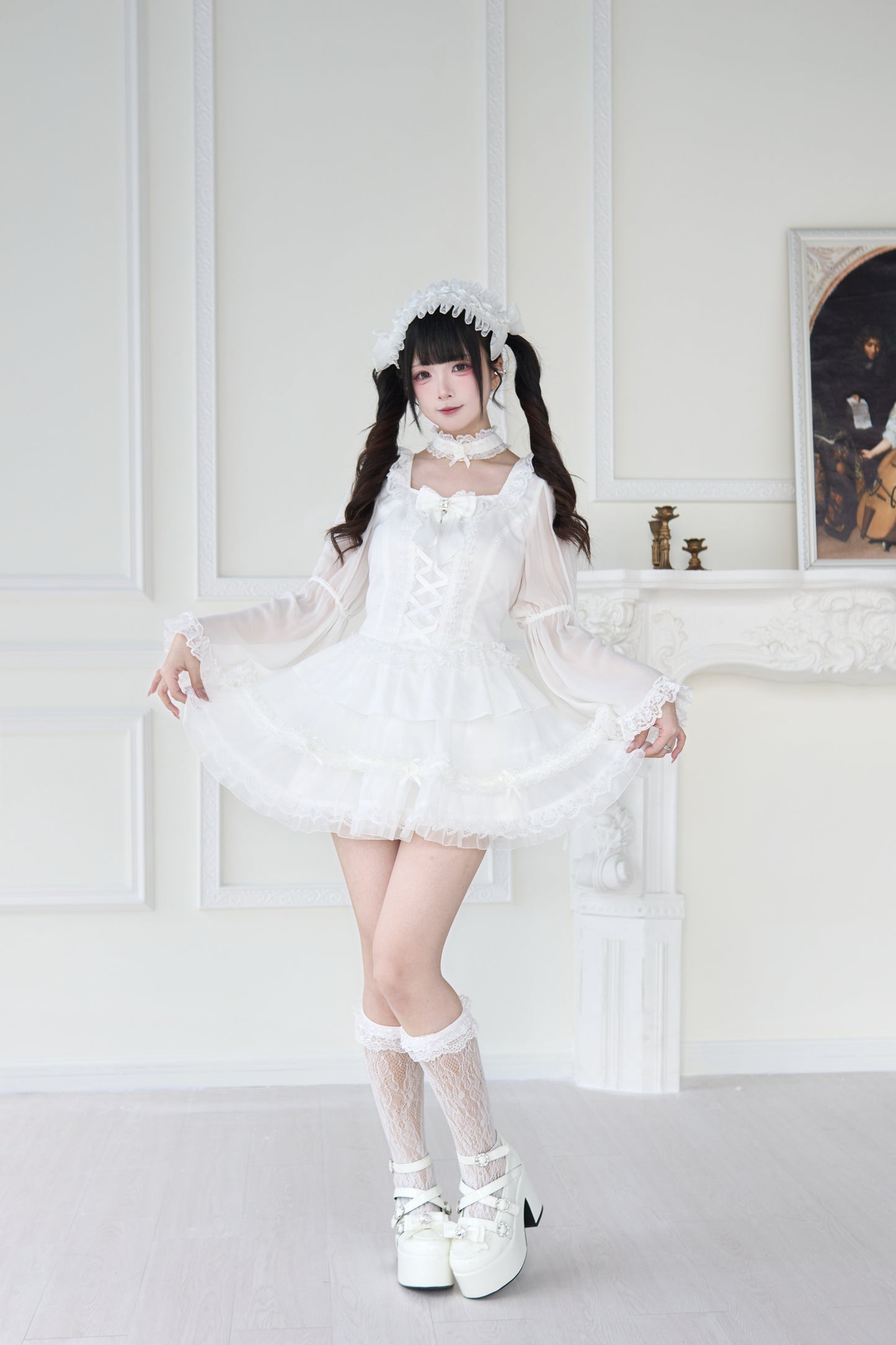 透け感ゴス姫袖ブラウスフレアスカートセット
