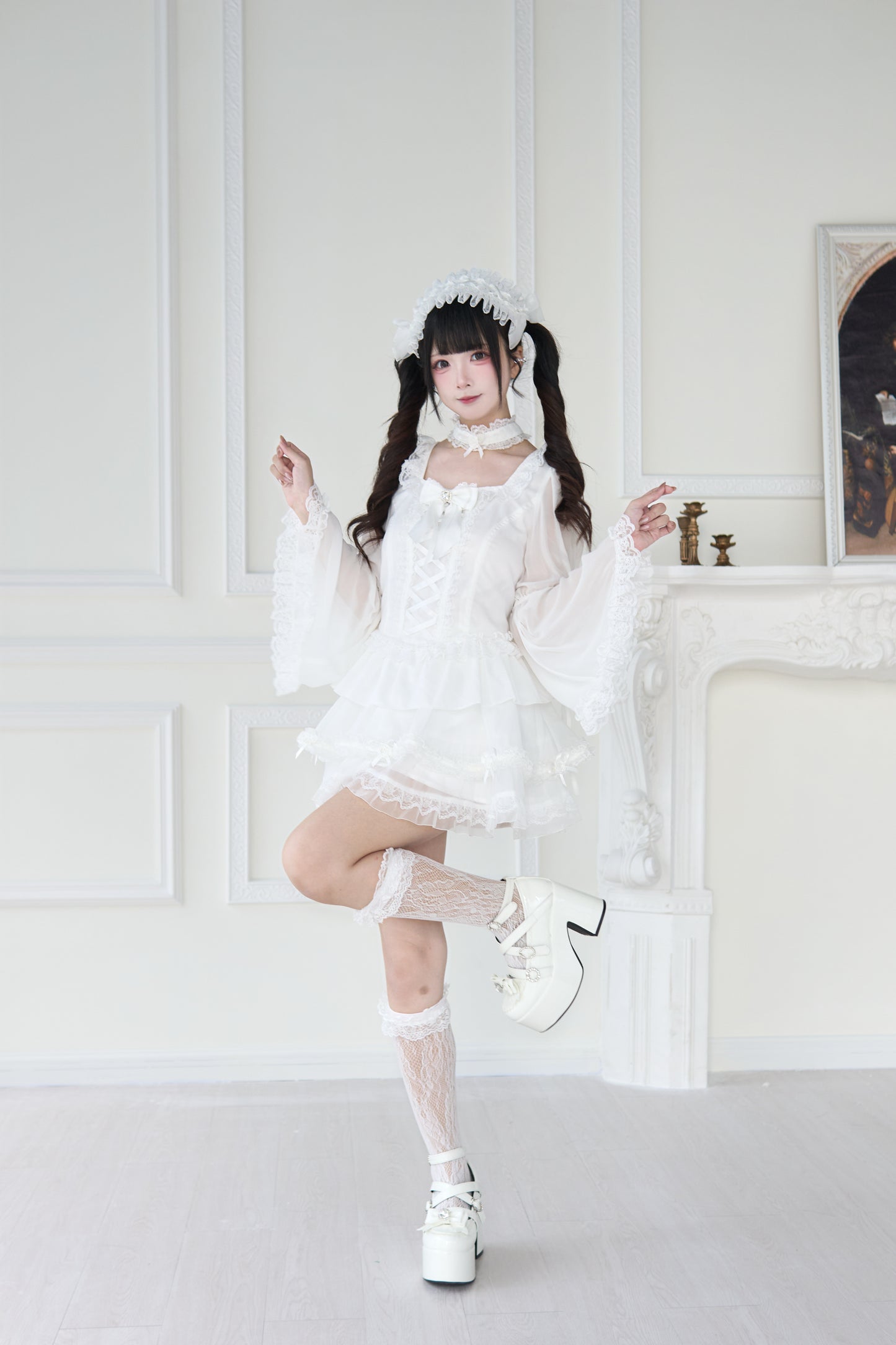 透け感ゴス姫袖ブラウスフレアスカートセット