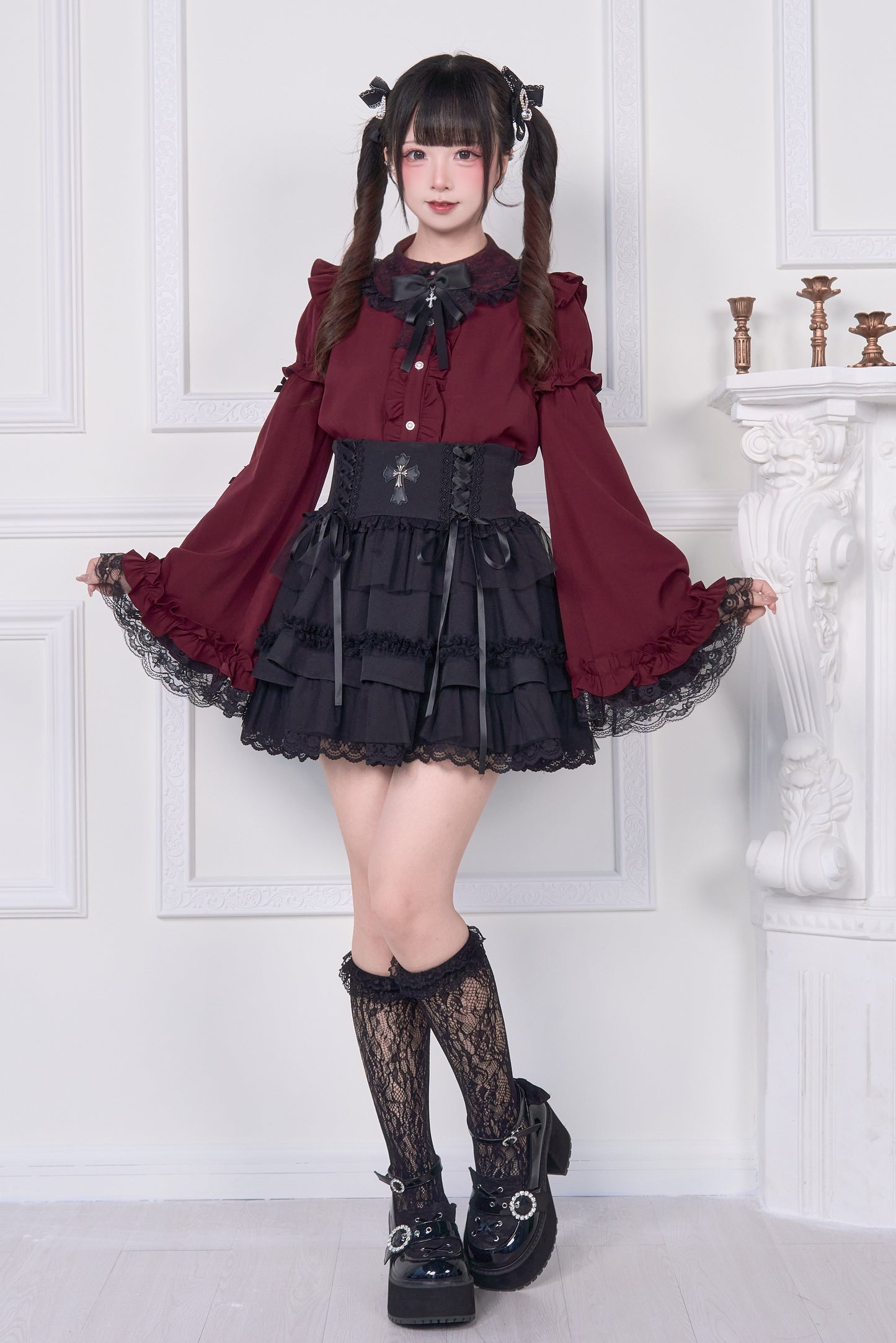 姫袖リボンレースアップブラウス