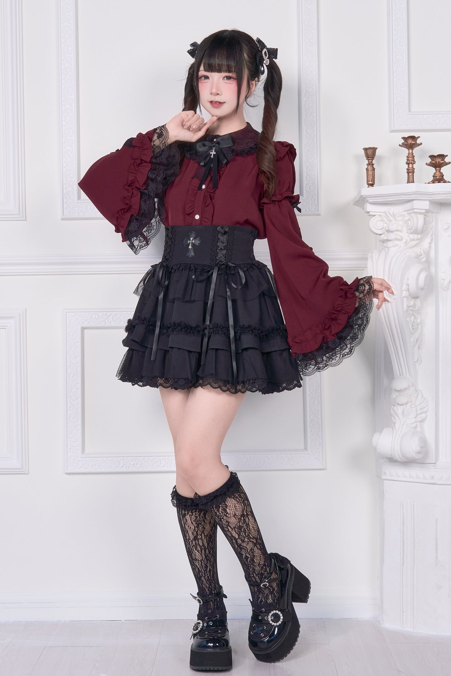 姫袖リボンレースアップブラウス