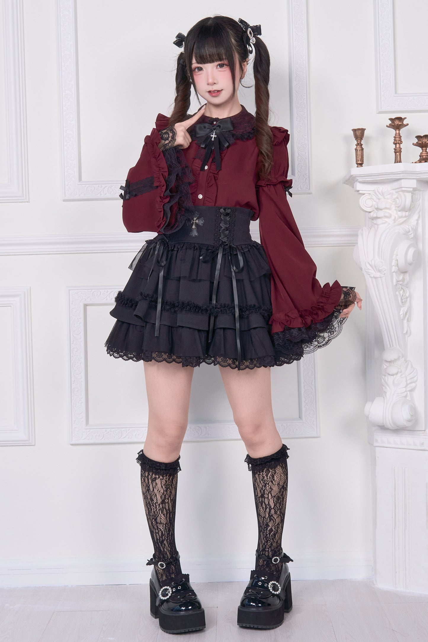 姫袖リボンレースアップブラウス