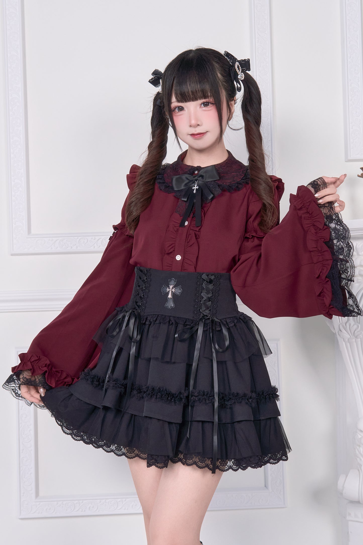 姫袖リボンレースアップブラウス