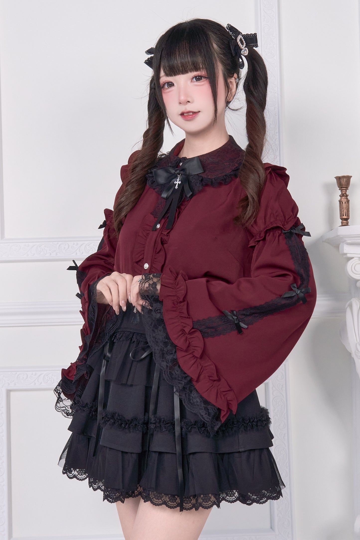 姫袖リボンレースアップブラウス