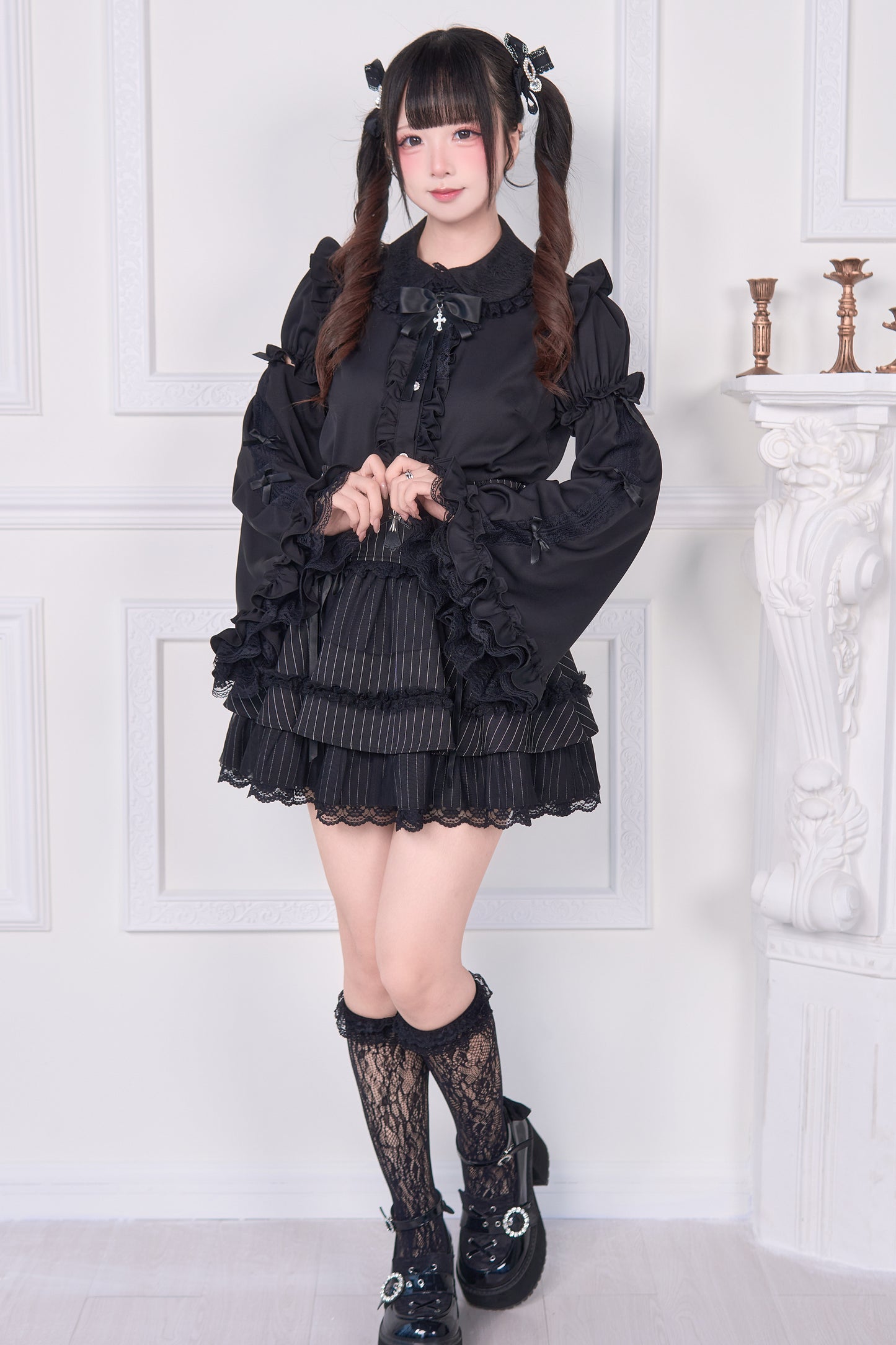 姫袖リボンレースアップブラウス