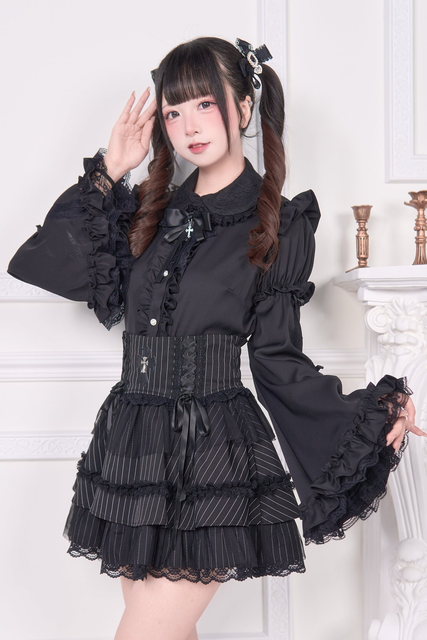 姫袖リボンレースアップブラウス