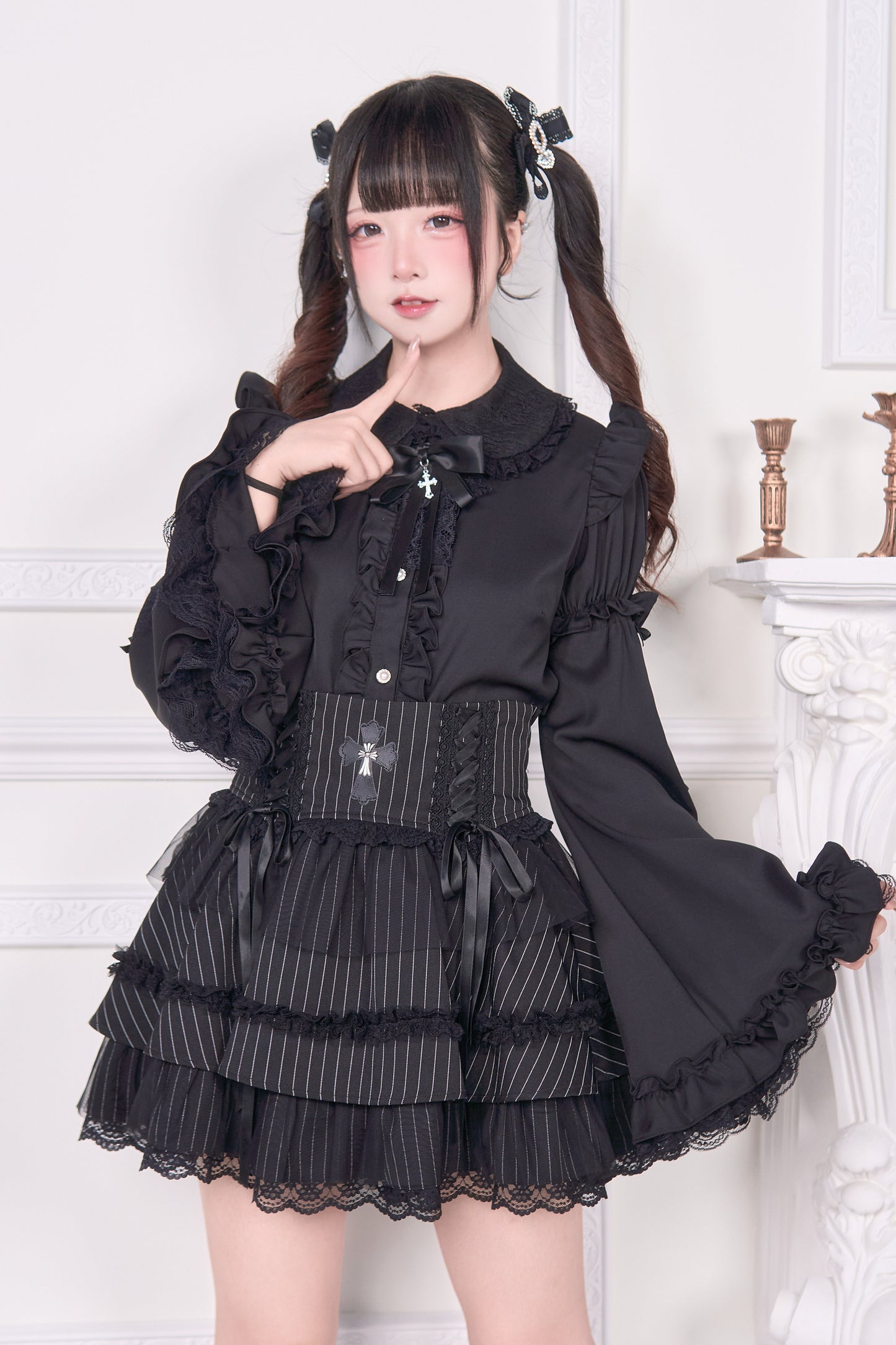 姫袖リボンレースアップブラウス