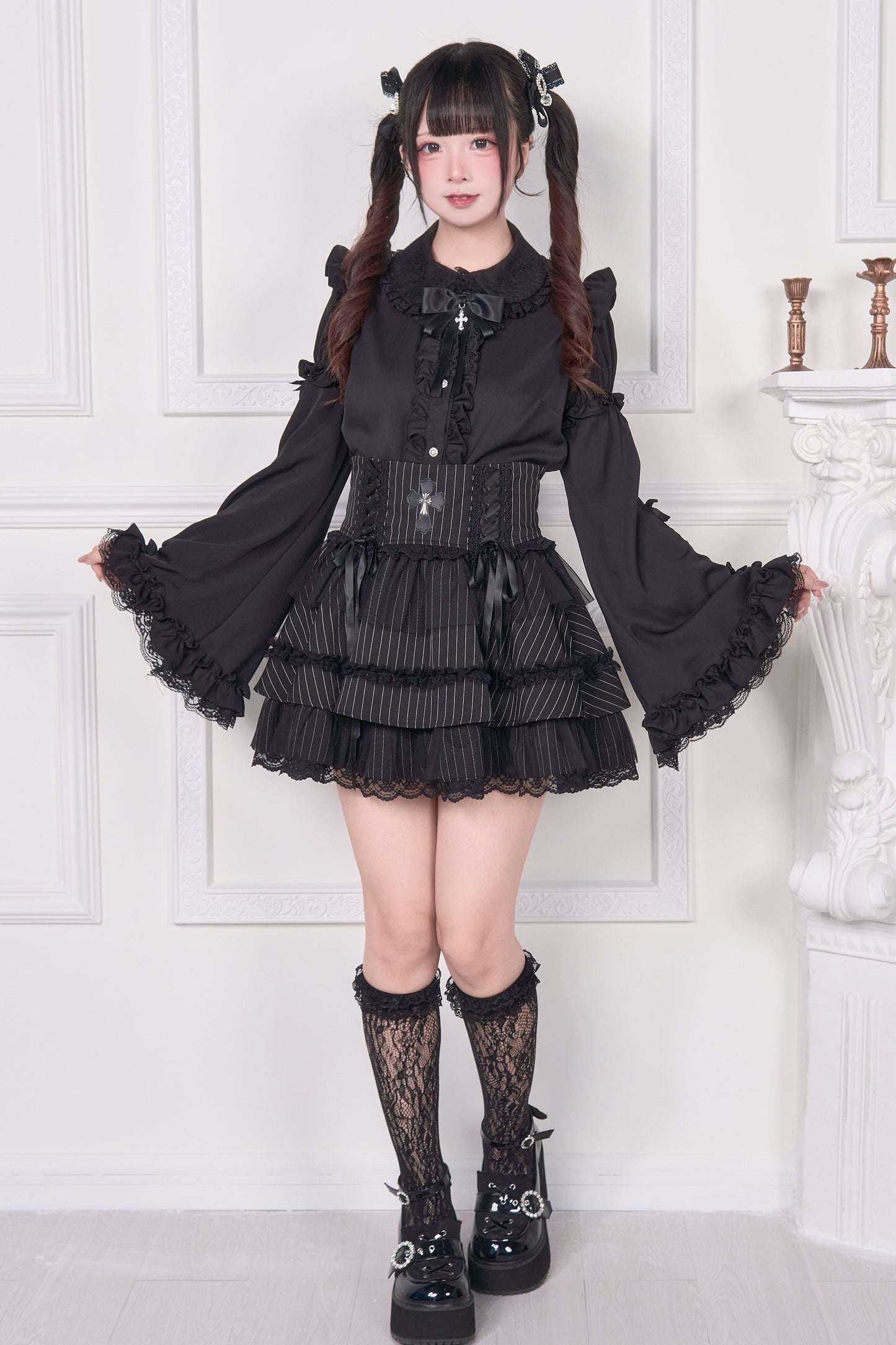 姫袖リボンレースアップブラウス