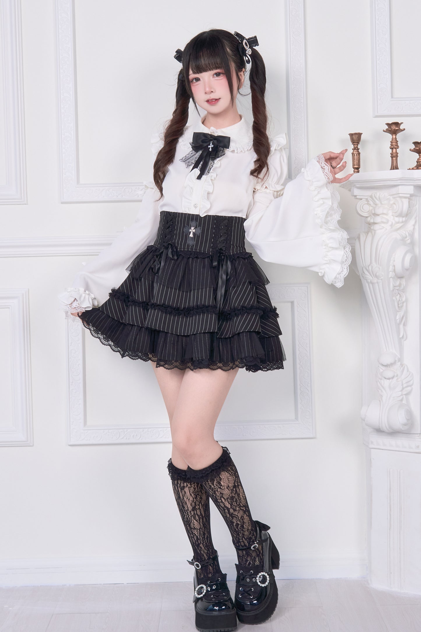 姫袖リボンレースアップブラウス