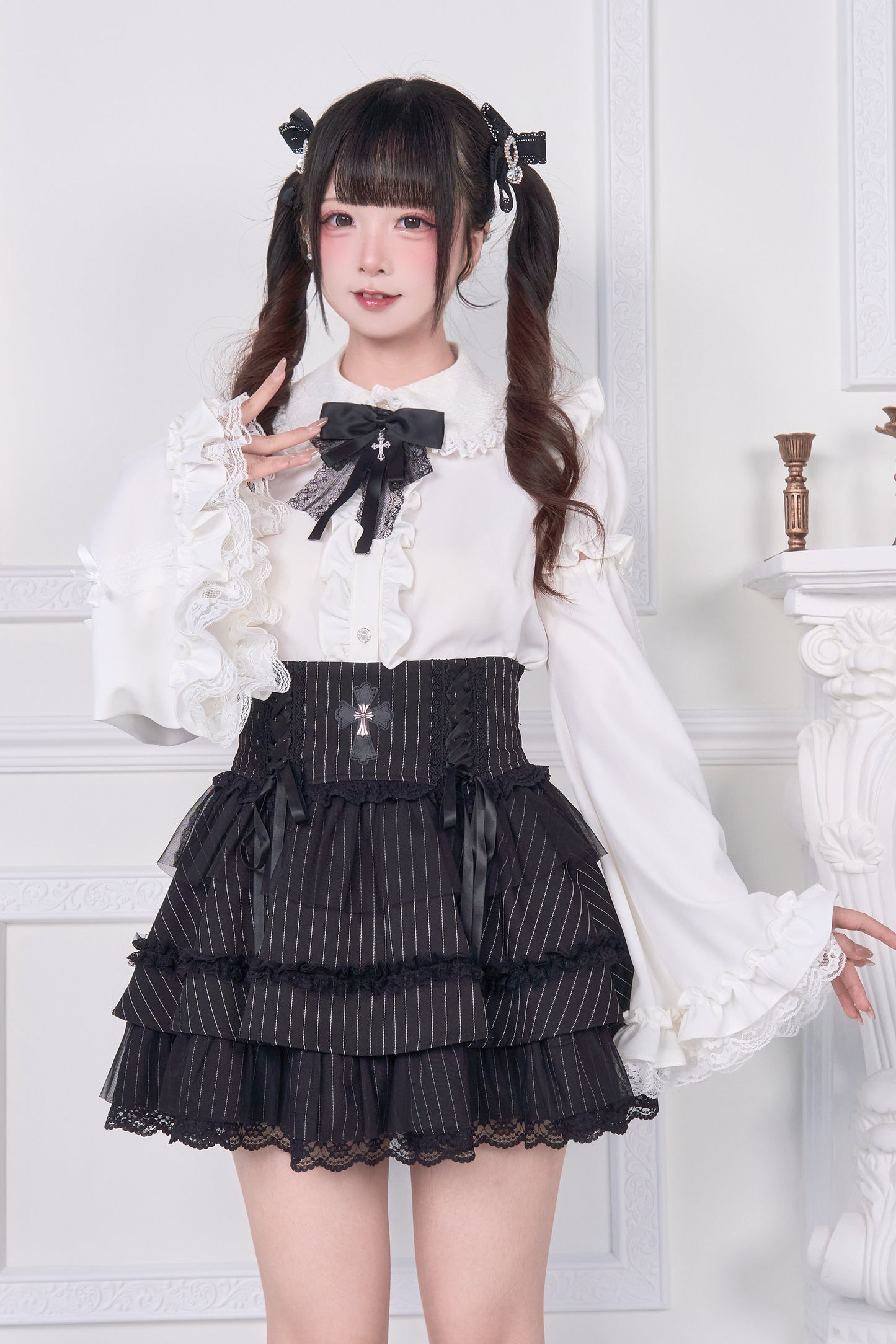 姫袖リボンレースアップブラウス