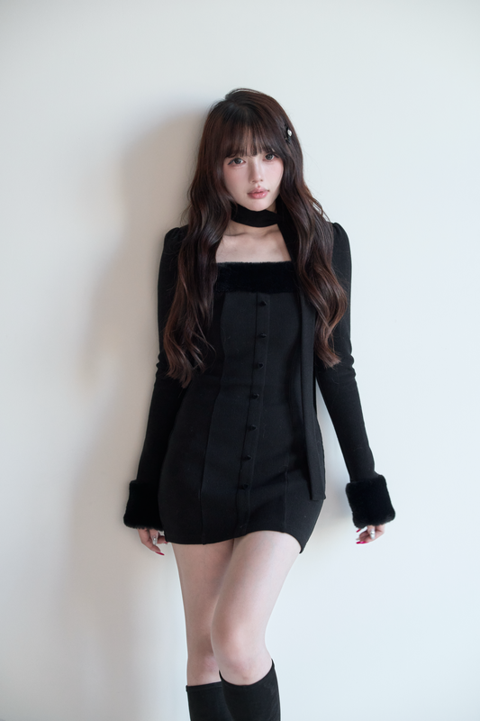 Fur cut dress with scarf