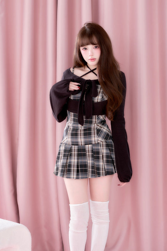 Ribbon fur bolero x checked mini dress