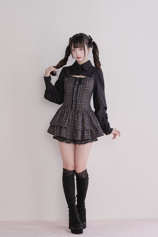 Back Lace-Up Check Mini Dress x Shorts Set