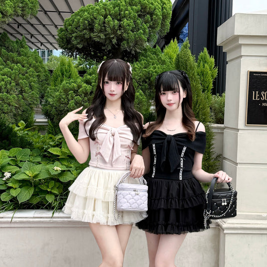 Ribbon off-shoulder knit top