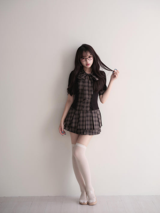 Knit panel checked short-sleeved set