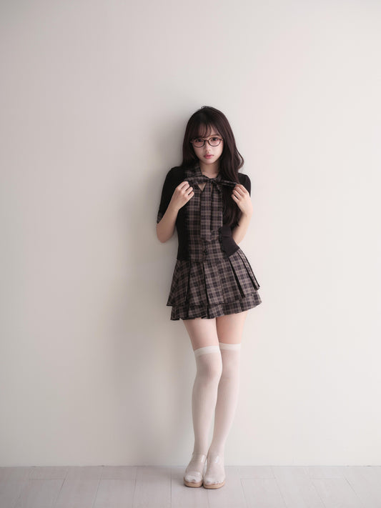 Knit panel checked short-sleeved set