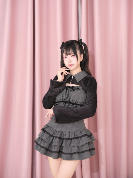 ふわふわボレロ×チェックティアードワンピセット