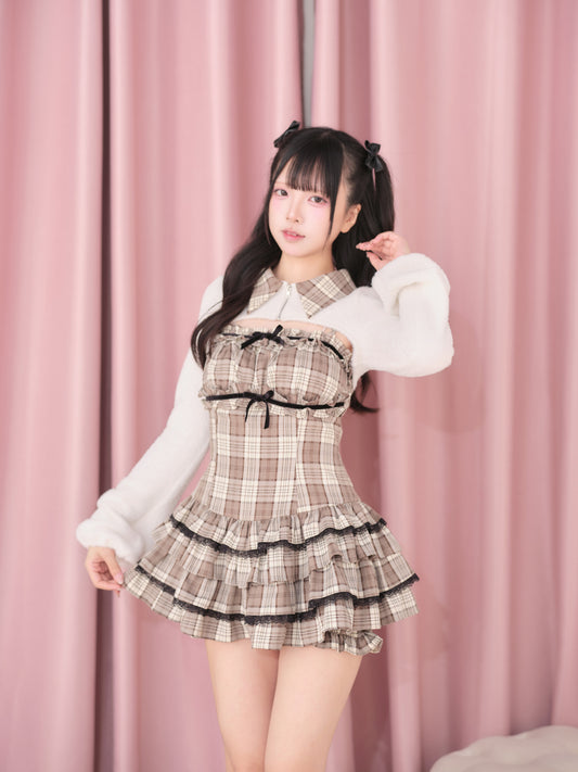 ふわふわボレロ×チェックティアードワンピセット