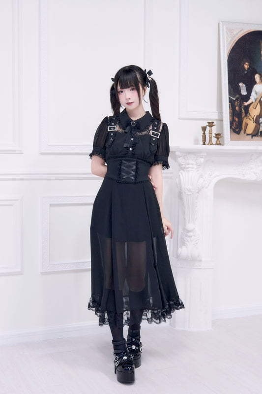 透け感コルセット付けロングワンピース