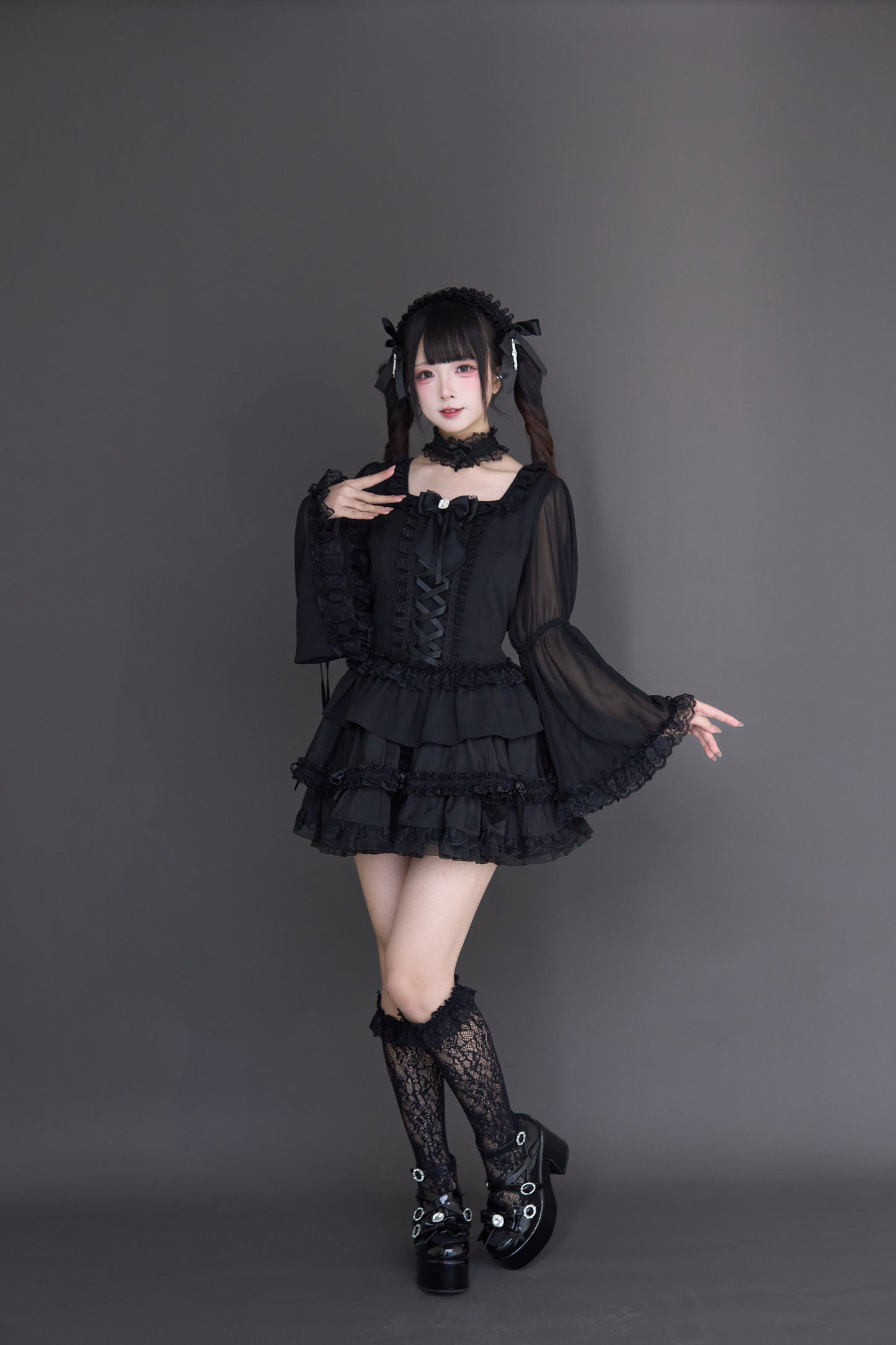 透け感ゴス姫袖ブラウスフレアスカートセット