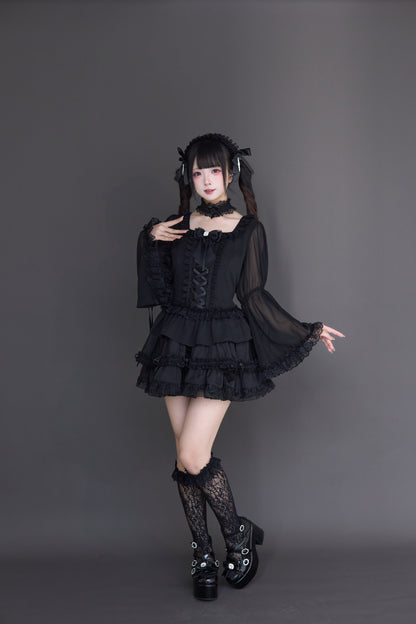 透け感ゴス姫袖ブラウスフレアスカートセット