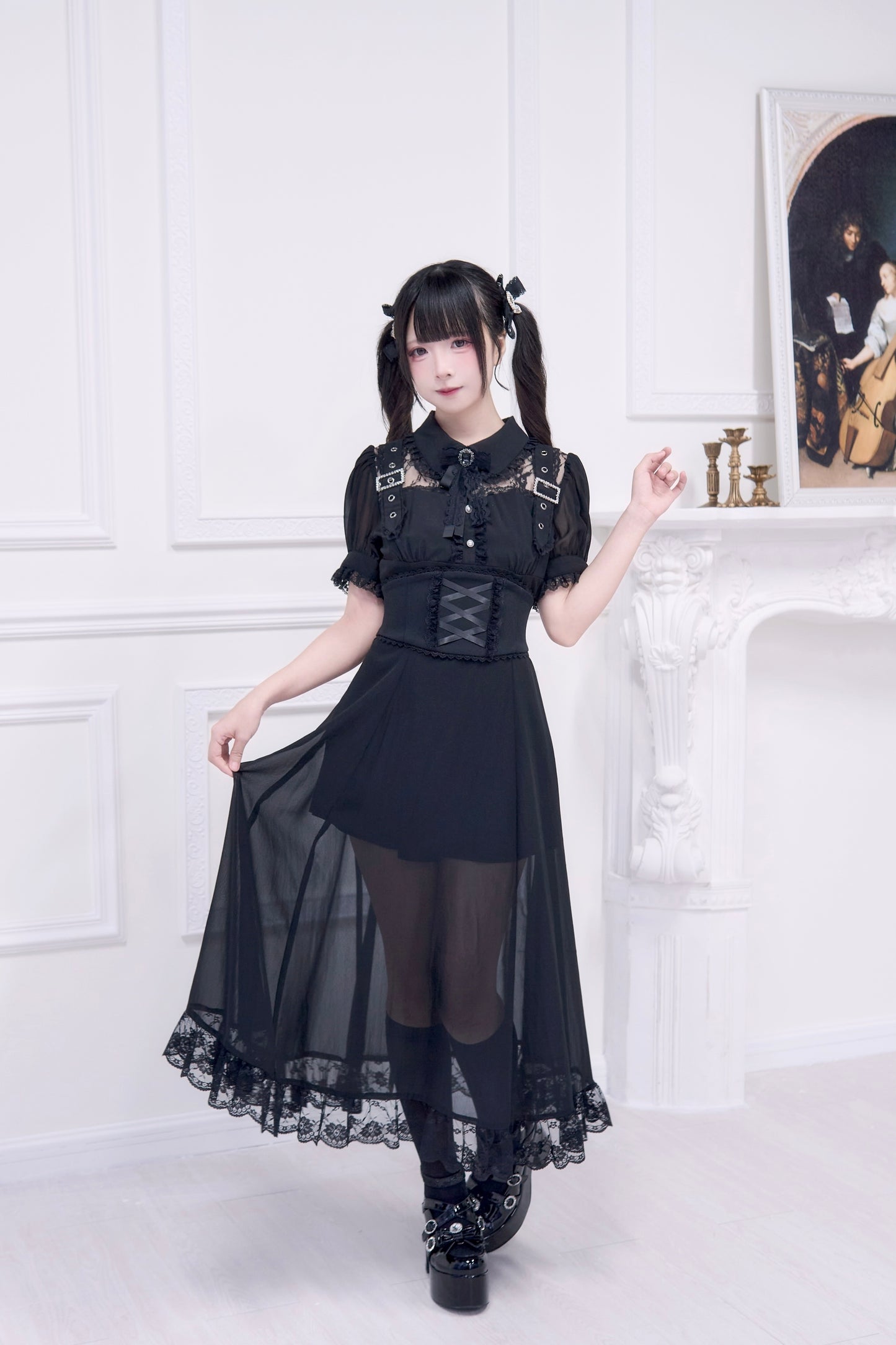 透け感コルセット付けロングワンピース