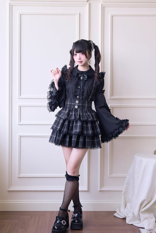 Tiered skirt with suspenders and leg warmers