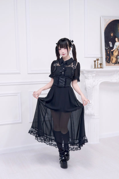透け感コルセット付けロングワンピース