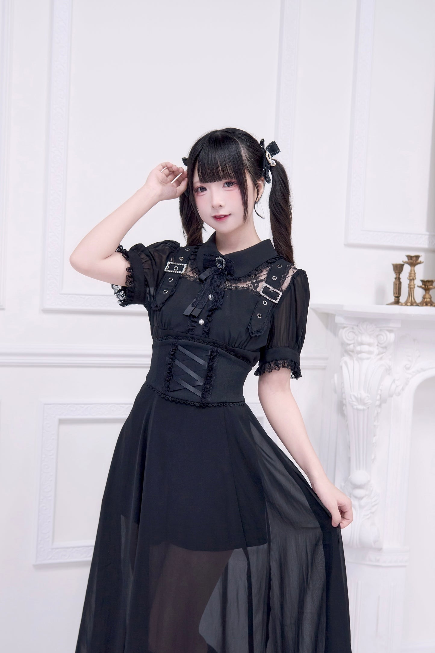 透け感コルセット付けロングワンピース