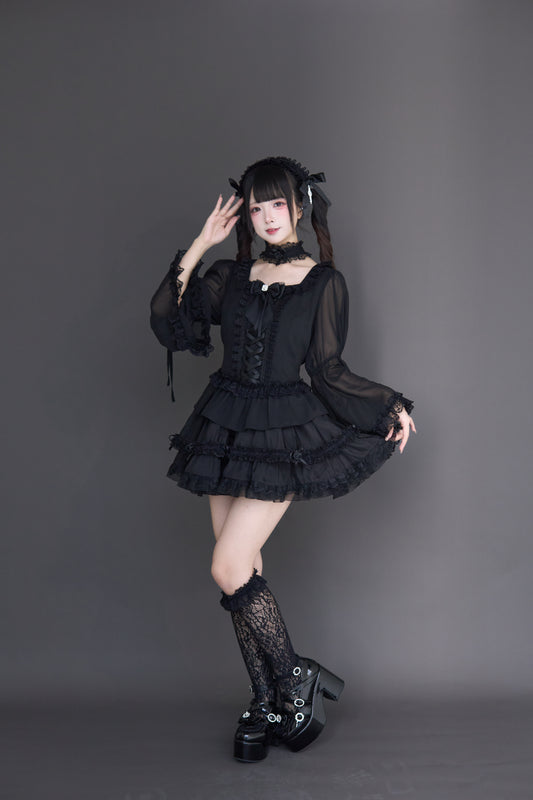 透け感ゴス姫袖ブラウスフレアスカートセット