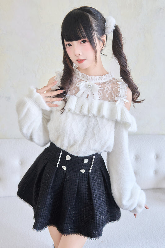 レースフリルオフショルダーニット