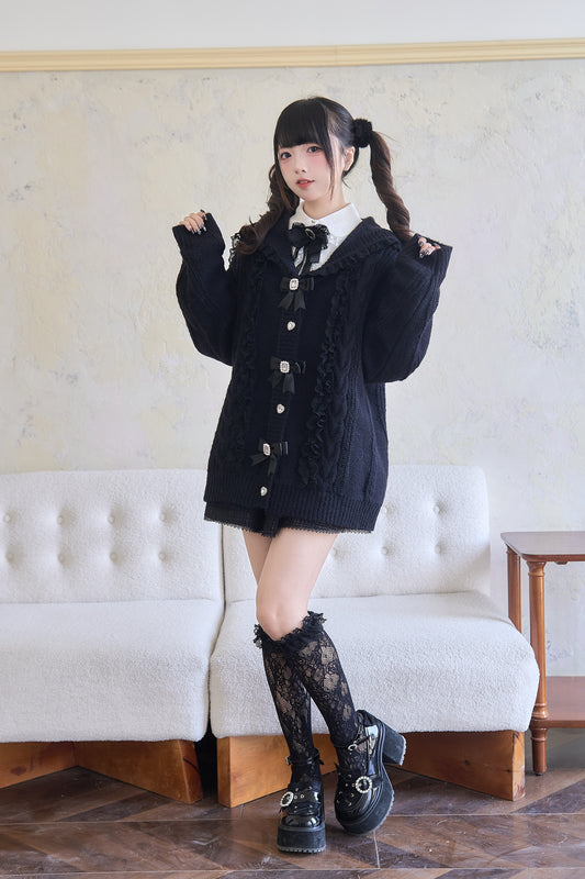 Sailor collar ribbon knit cardigan