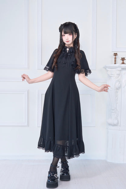 ケープ袖シスター風フリルロングワンピース