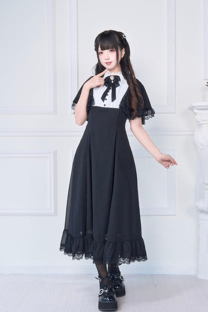 ケープ袖シスター風フリルロングワンピース