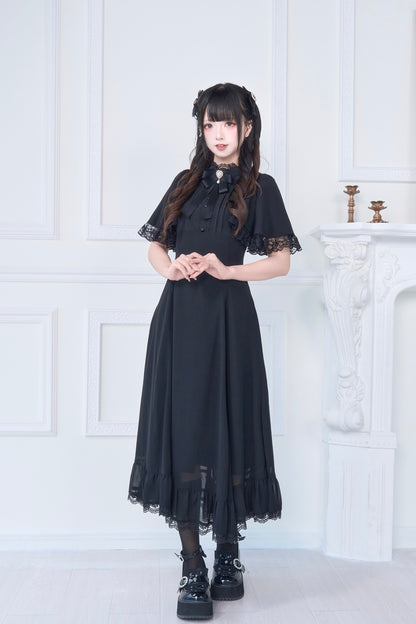 ケープ袖シスター風フリルロングワンピース