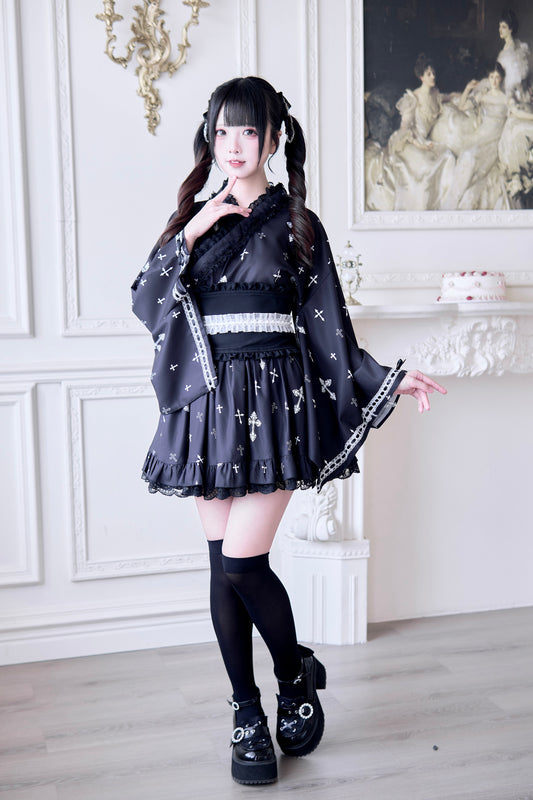 Gothic Cross Print Yukata Set