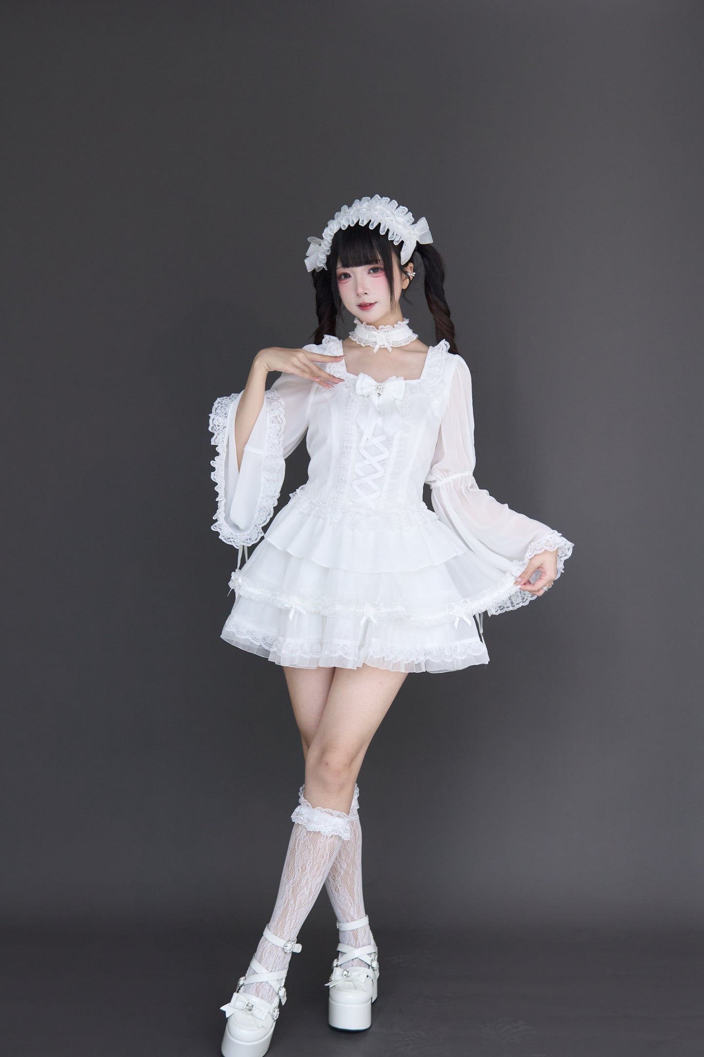 透け感ゴス姫袖ブラウスフレアスカートセット