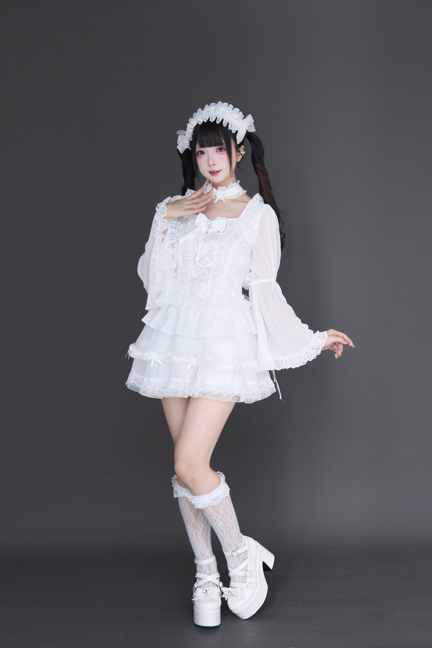 透け感ゴス姫袖ブラウスフレアスカートセット