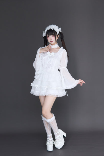 透け感ゴス姫袖ブラウスフレアスカートセット