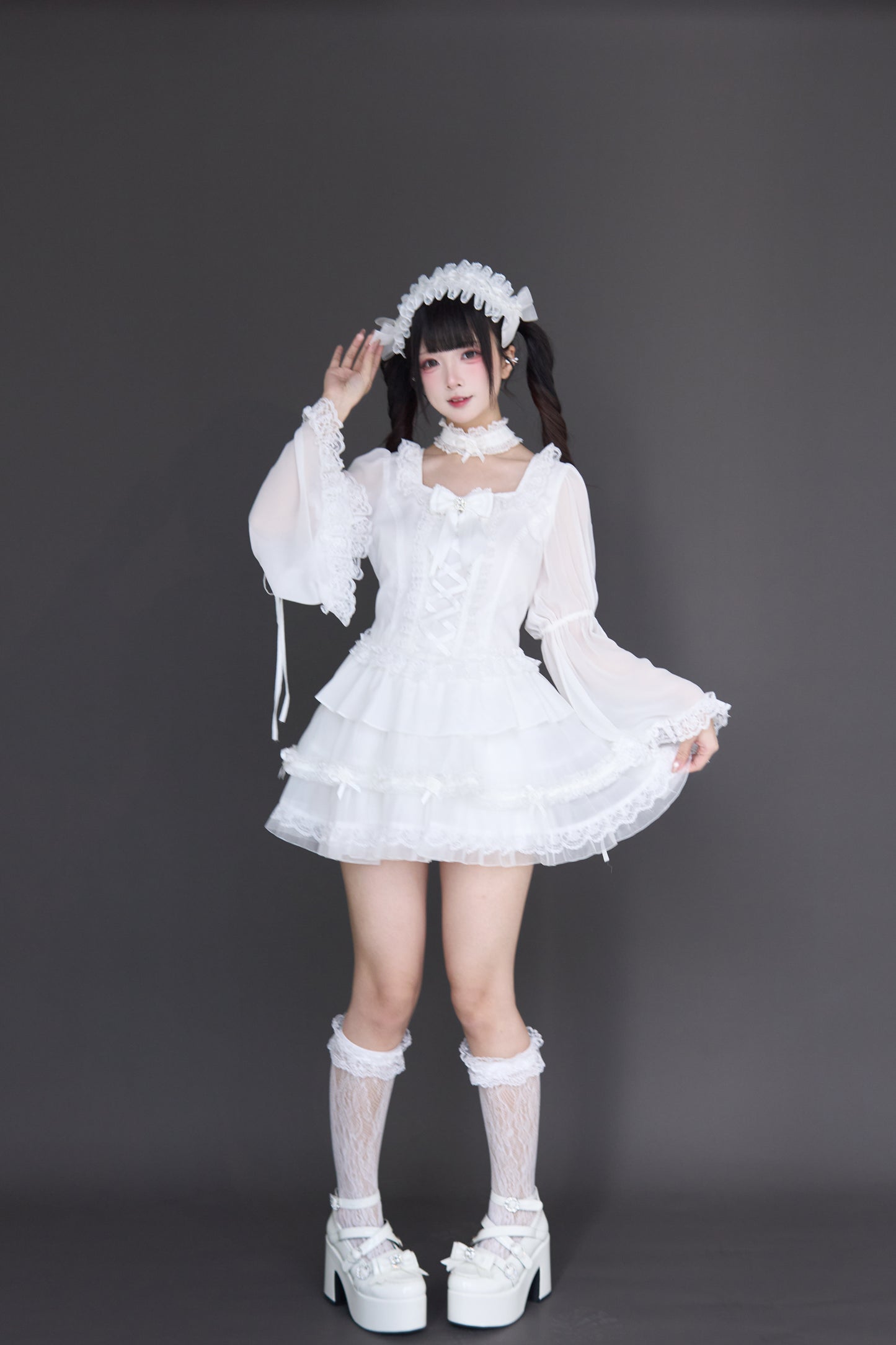 透け感ゴス姫袖ブラウスフレアスカートセット