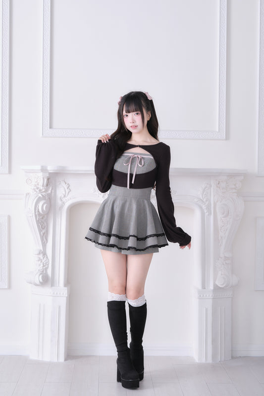 ボレロ付き リボンチェックフレアワンピース セット