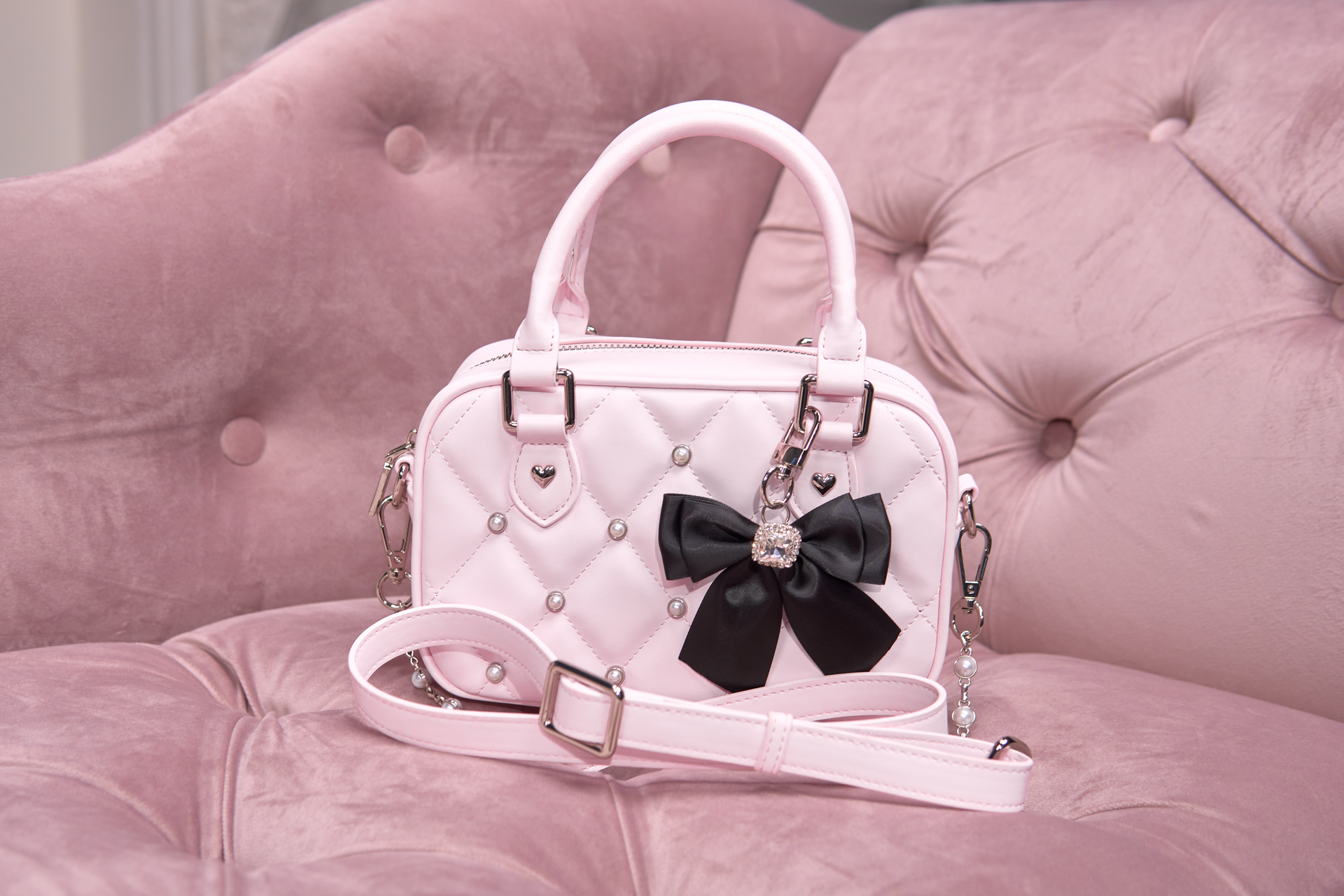 キルティング宝石リボンポシェット 濃いピンク パールキルティングリボンショルダーバッグ – NoGenki